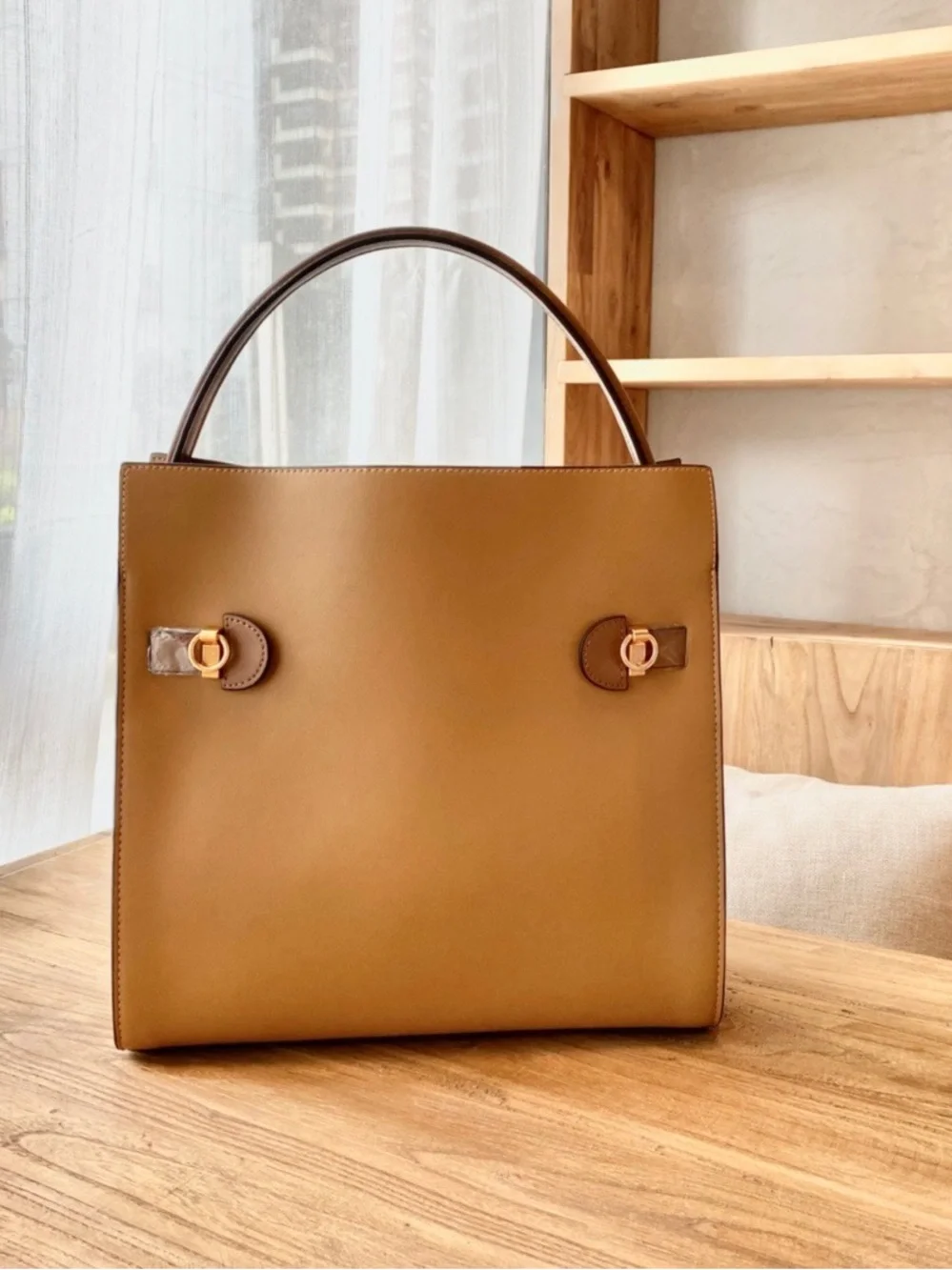 Tory Burch Tan and Brown Leather Top-Handle Satchel with Gold Hardware